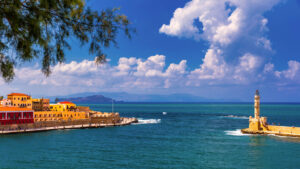 Panorama of venetian harbour waterfront and lighthouse in old ha